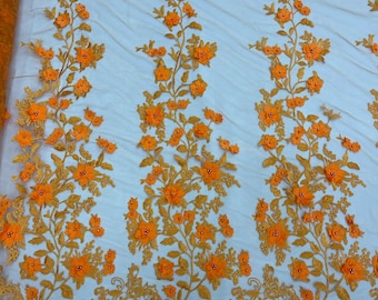 Bright Orange Princess 3D Floral Design Embroider and Beaded With Pearls On a Mesh Lace-Prom-Dresses-Nightgown-Apparel-Fashion-Sold by Yard.