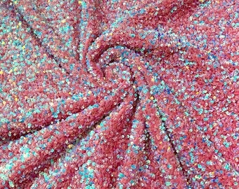 Aqua Iridescent Pink  54" Stretch Velvet with Luxury Sequins All Over 5mm Shining Sequins 2-Way Stretch. Sold by the yard.
