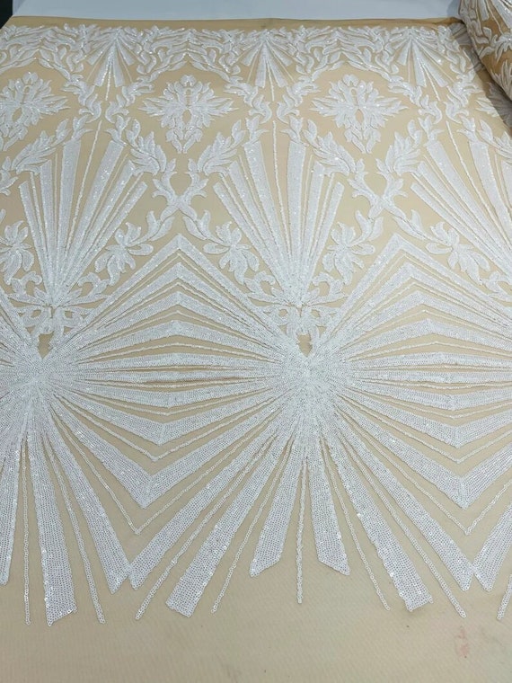 Diamond Damask Design on a Nude 4 Way Stretch Mesh-Prom-Sold by The Yard. White/Nude