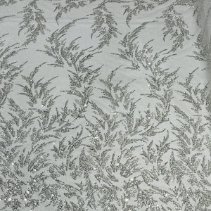 Elegant Hand Beaded Design Embroider on a Glitter Mesh Lace-Prom-Sold By The Yard. Silver White