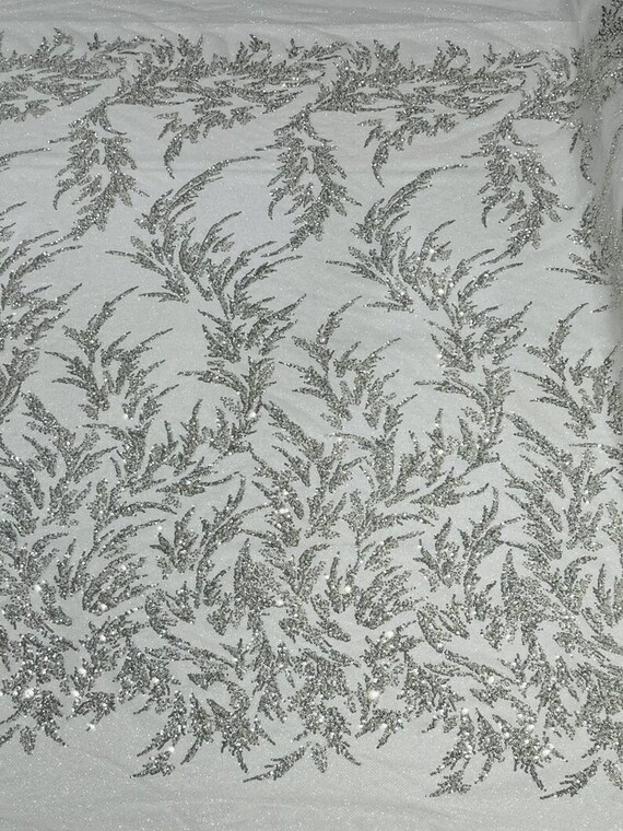 Elegant Hand Beaded Design Embroider on a Glitter Mesh Lace-Prom-Sold By The Yard. Silver White