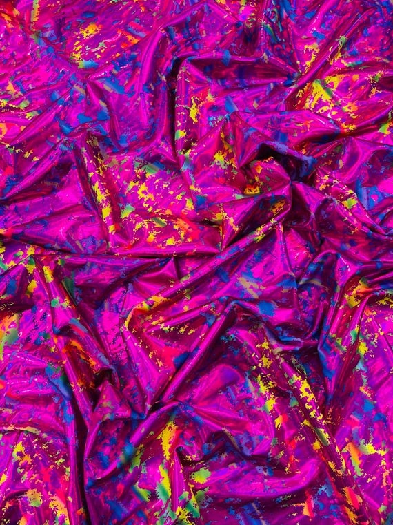 Fuchsia Splatter Foil Paint Metallic Print on a 4-way Stretch Tie Dye Nylon Spandex Tricot/Milliskin -Sold by the yard.