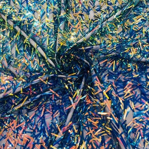 Tecido de lantejoulas de espada iridescente real/tecido de lantejoulas grandes em malha preta/54 polegadas de largura.