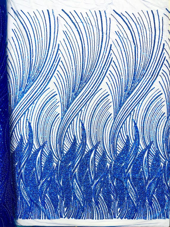 Royal Blue Flame Fashion Beaded Lace Fabric| Prom| Wedding| By The Yard.