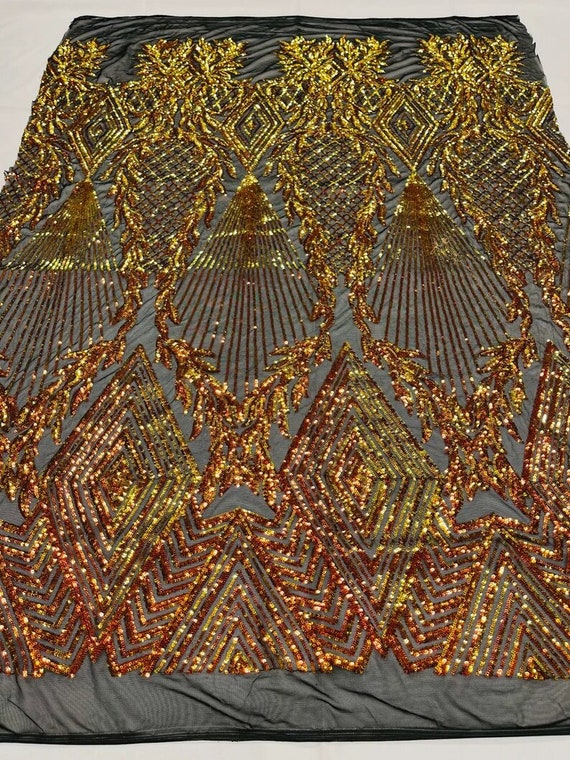Geometric Diamond Design with Shiny Sequins On a 4 Way Stretch Mesh-Dresses-Prom-Nightgown-Sold By The Yard- Orange Red Black