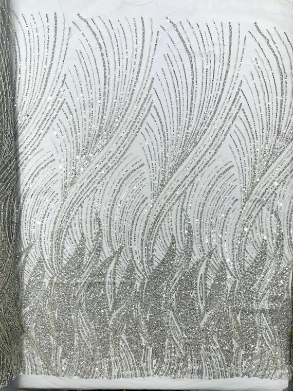 Silver Flame Fashion Beaded Lace Fabric| Prom| Wedding| By The Yard.