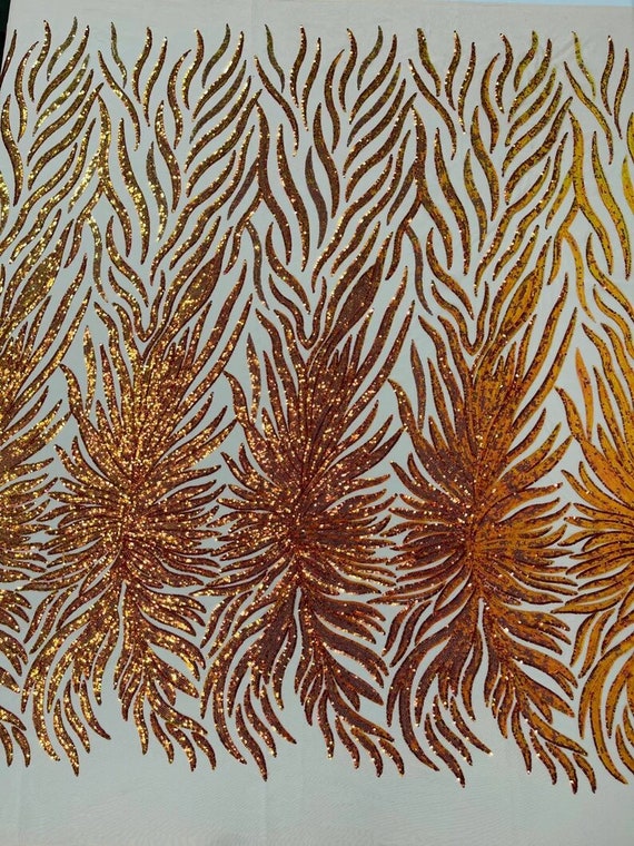 Iridescent Phoenix Feather Design with Sequins Embroider on a 4 Way Stretch Mesh Fabric-Sold by The Yard. Orange Nude