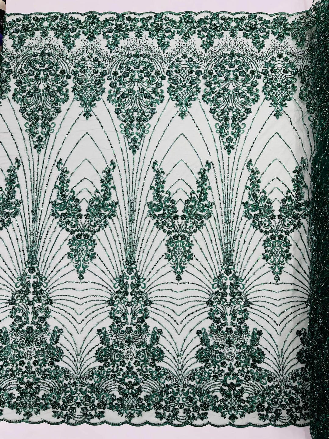 Hunter Green Royalty Damask Beaded Lace Luxury on Mesh, Sold by the ...