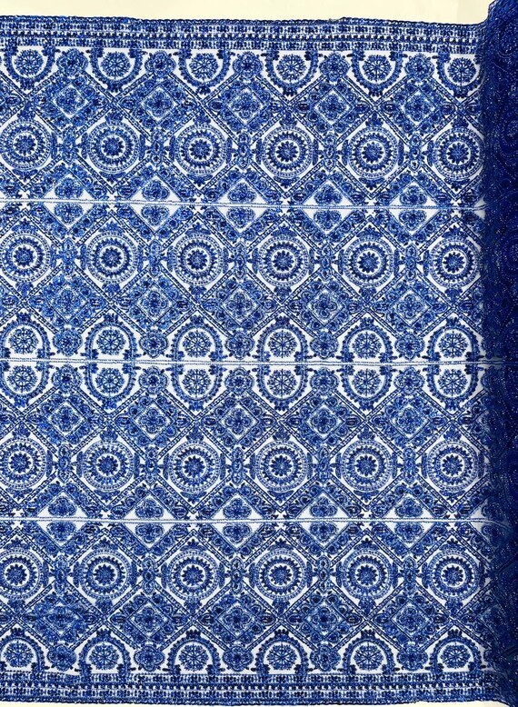 Royal Blue Geometric Beaded Lace Fabric, Heavy Embroidered Mesh for Bridal and Evening Gowns