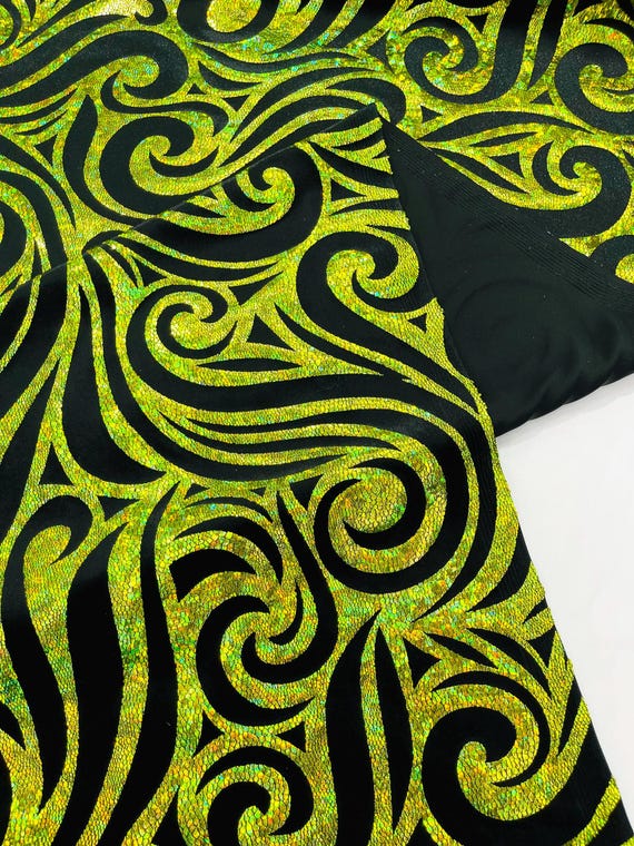 Olive Green Black Holographic Foil Tribal Flame Design On A Stretch Velvet Fabric. By The Yard