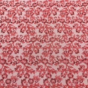 Coral Corded floral french Embroider With Sequins On a Mesh Lace Fabric-Prom-Sold By The Yard