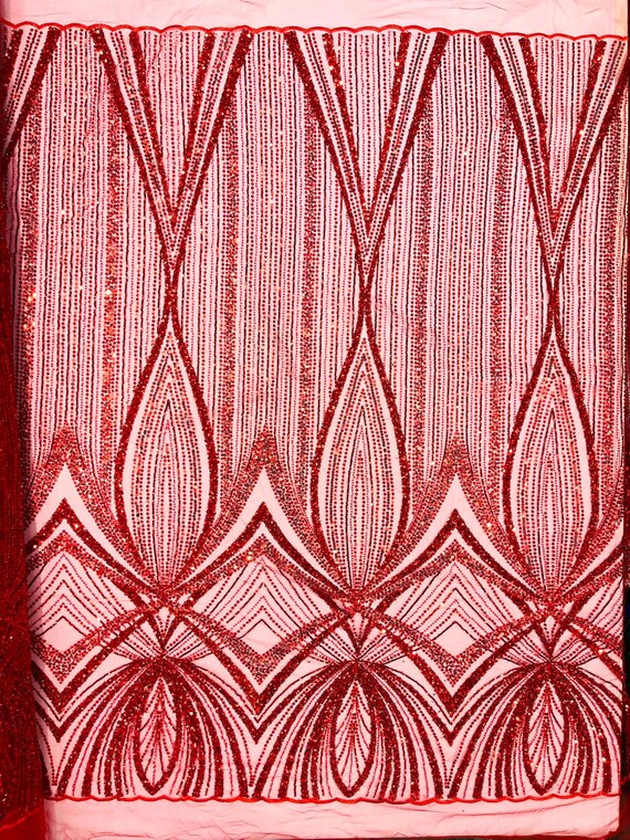 Red Geometric New York Fashion Beaded Lace, By The Yard.