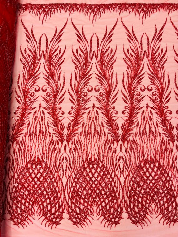 Red Feathers damask embroider and heavy beaded on a mesh lace fabric- Sold by the yard