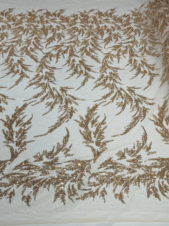 Elegant Hand Beaded Design Embroider on a Glitter Mesh Lace-Prom-Sold By The Yard. Rose Gold