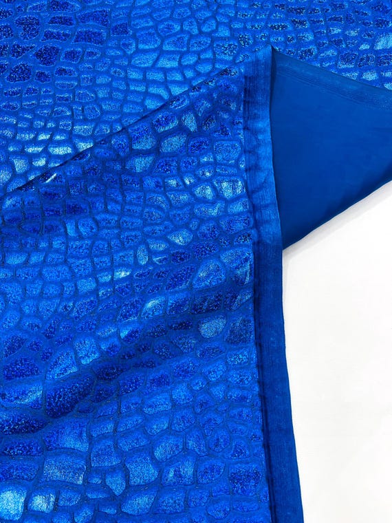 Royal Blue Dragon Skin Foil Design On A Stretch Velvet Fabric| Sold By The Yard.