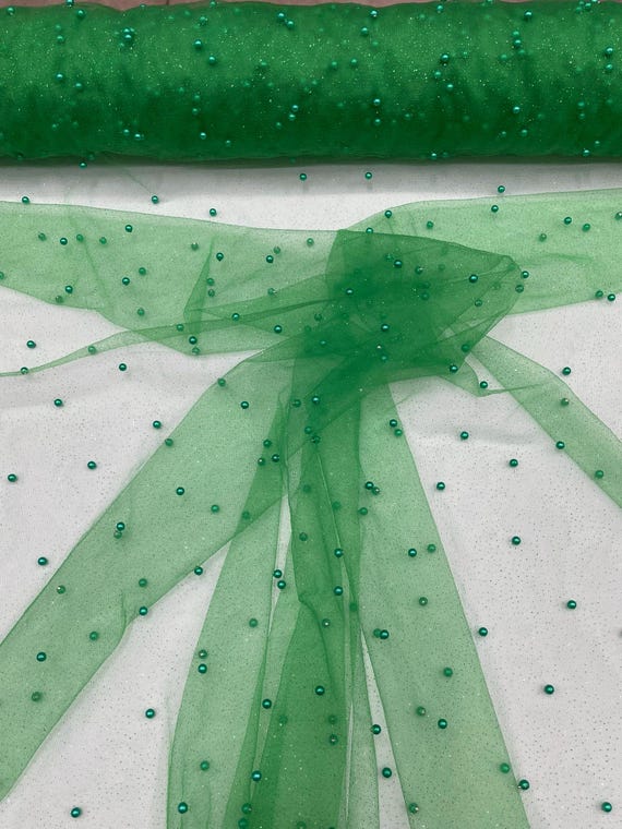 Kelly Green Pearl Glitter Studded Mesh, 2-Way Stretch Shimmer Mesh Fabric, Sold by the yard.