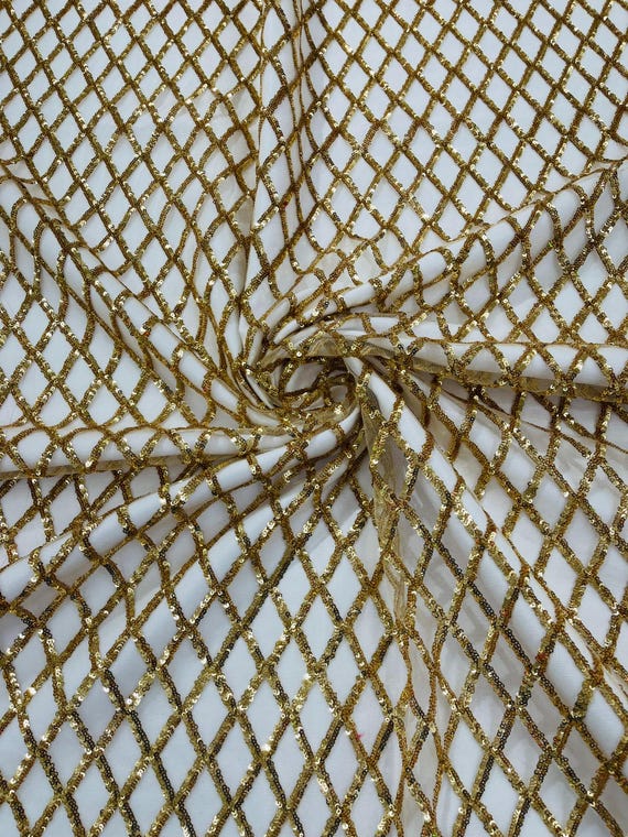 Gold Luxury Diamond Design Mini Glitz Sequins On A Mesh Fabric/Prom/Wedding/Party Supply