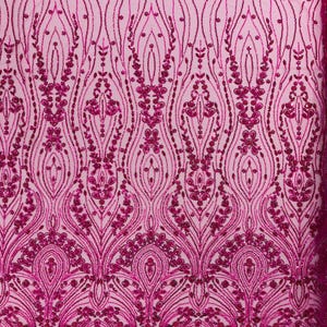 Hot Pink Modern Luxury Beaded Fabric Embroidered on a Mesh Lace, Sold by The Yard