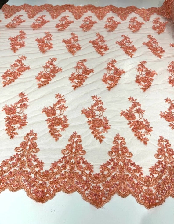 Elegant Hand Beaded Design Embroider on a Glitter Mesh Lace-Prom-Sold By The Yard. Coral