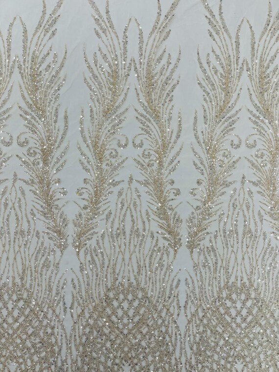 Clear Nude Feathers damask embroider and heavy beaded on a mesh lace fabric- Sold by the yard