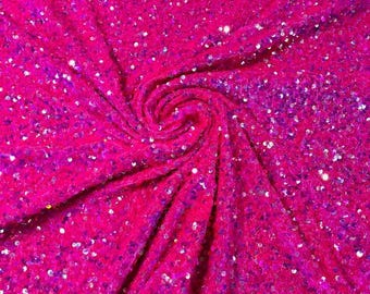 Fuchsia  Iridescent 54" Stretch Velvet with Luxury Sequins All Over 5mm Shining Sequins 2-Way Stretch. Sold by the yard.