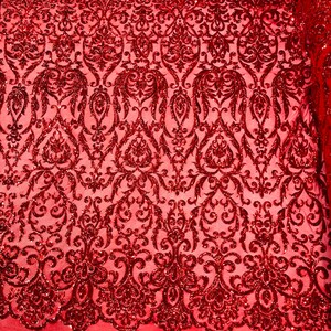 Red Shiny King Demask sequin design on a 4 Way Stretch mesh fabric-prom-Sold By The Yard