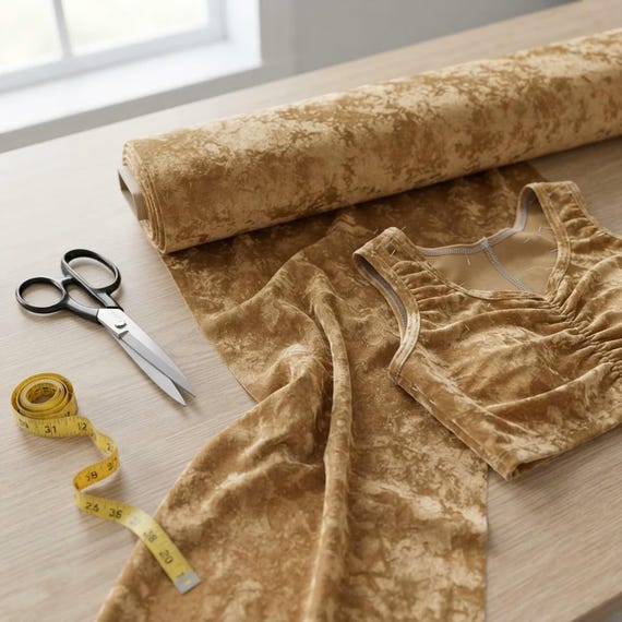 Camel 59/60" Wide Crushed Stretch Panne Velvet Velour Fabric Sold By The Yard.