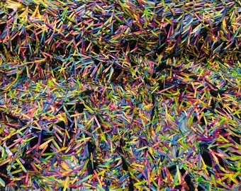 Iridescent Sequin Swords Design On a Black Mesh, Burning Man Costume Craft Fabric By The Yard. Rainbow