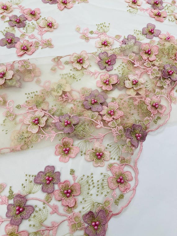 Dusty Pink  Multi Color 3D Floral Design Embroider with Pearls in a Mesh Lace -Sold by the yard.