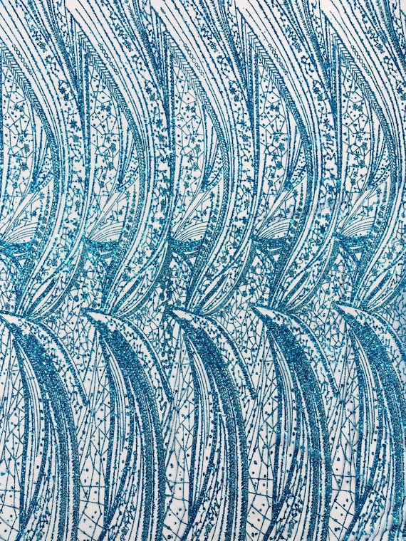 Turquoise Geometric Fashion Glitter Design On A Mesh Lace Fabric| 58" Wide| Prom Dresses.