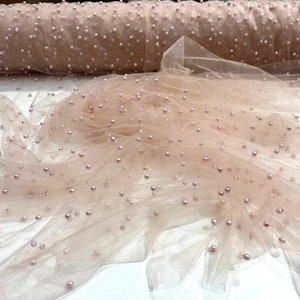 Scattered Pearls Studded Mesh, 2-Way Stretch, Sold By The Yard. Blush Pink