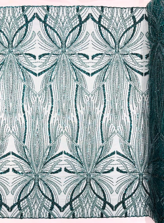 Hunter Green Palm Beaded Lace Fabric, Heavy Embroidered Design on 58" Mesh for Dresses