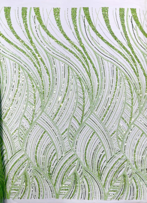 Sage Green Luxury Feather Damask Beaded Lace Fabric| Prom| Wedding| By The Yard.