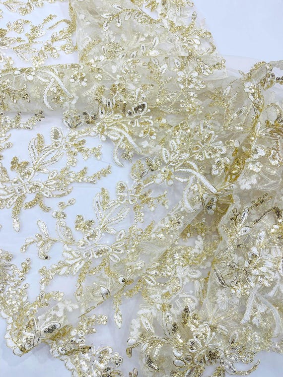 Ivory Gold Corded Lace with Butterfly Embroidery and Sequin on Mesh Fabric.-Sold by the yard