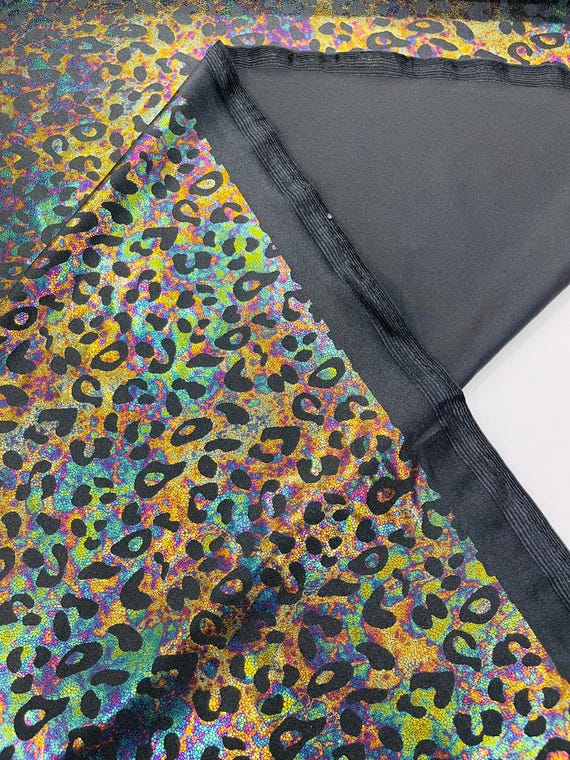 Black Leopard Oil Spill Metallic Print on a Stretch Nylon Spandex Tricot/Milliskin - Sold by the yard.