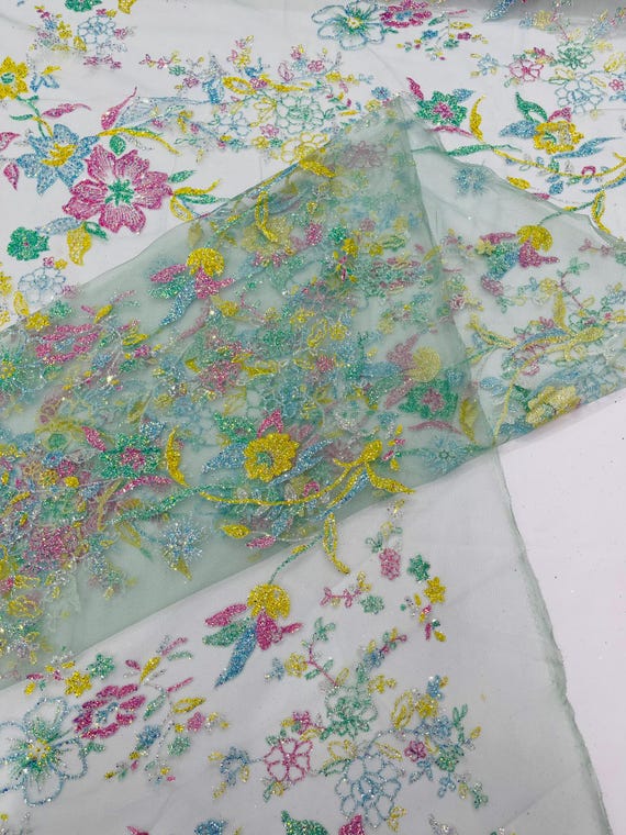 Sage Green Multi Color Roses Glitter Design On A Mesh Lace Fabric/54" Wide/Prom/Sold By Yard.