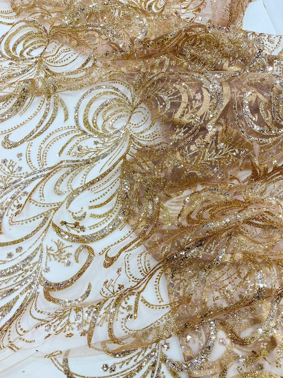 Rose Gold Palm Glitter Vine Design On A Mesh Lace Fabric 58"' Wide Prom.