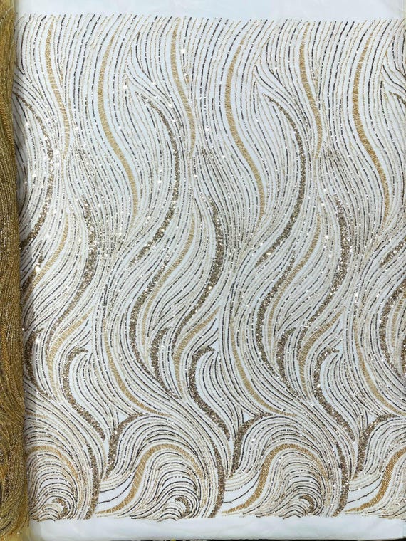 Champagne Luxury Wave Beaded Lace Fabric| Prom| Wedding| By The Yard.