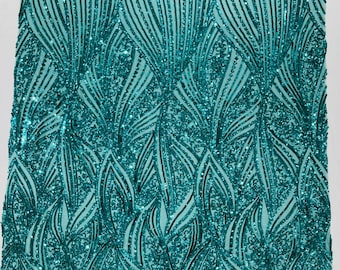 Teal Green Shiny geometric Feather wing shiny sequin design on a 4 way stretch mesh Fabric-prom-sold by the yard.