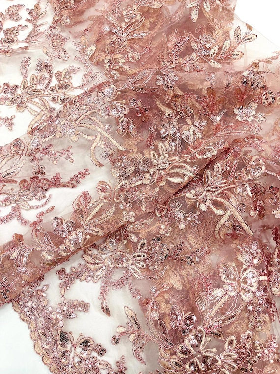 Dusty Pink Corded Lace with Butterfly Embroidery and Sequin on Mesh Fabric.-Sold by the yard