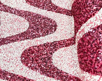 Sequin Wave Design On White stretch velvet all over 5mm shining sequins 2-way stretch, sold by the yard - Dusty Rose - White.