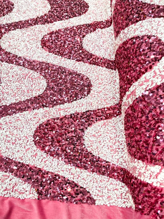 Sequin Wave Design On White stretch velvet all over 5mm shining sequins 2-way stretch, sold by the yard - Dusty Rose - White.
