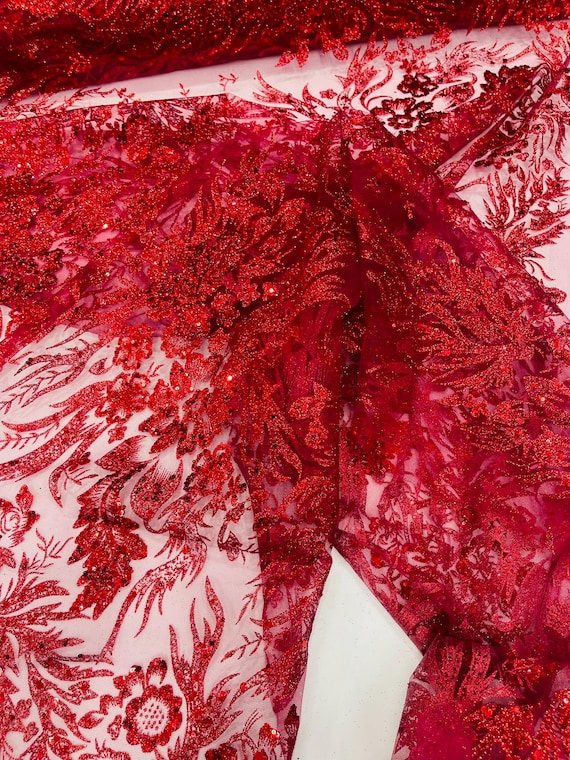 Burgundy Big Glitter Damask Design On A Mesh Lace Fabric/Prom/Sold By The Yard
