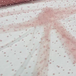 Pink Heavy Scattered Pearls Studded Mesh, 2-Way Stretch, Sold By The Yard.