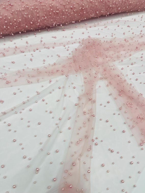 Pink Heavy Scattered Pearls Studded Mesh, 2-Way Stretch, Sold By The Yard.