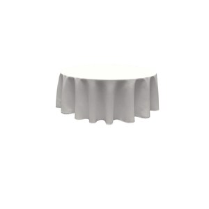 May include: A white round tablecloth with a smooth, wrinkle-free surface. The tablecloth is draped over a round table and has a slight drop.