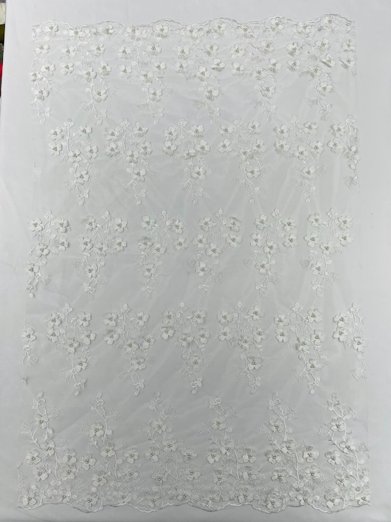 White Multi Color 3D Floral Design Embroider with Pearls in a Mesh Lace -Sold by the yard.