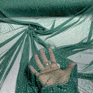 Hunter Green Sheer All Over AB Rhinestones On Stretch Power Mesh Fabric, Sold by The Yard