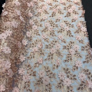 3D Floral Princess Design Embroidery With Pearls and Sequins On a Mesh Lace-Dresses-Apparel-Prom-Nightgown-Sold By The Yard. Peach Blush
