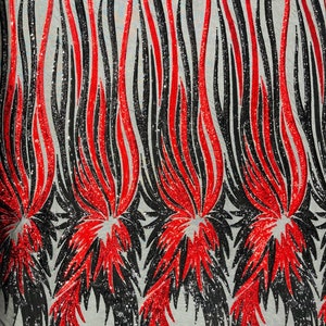 Red/Black Iridescent sequin Wings design on a Black 4 way stretch mesh fabric- prom-nightgown-by the yard-